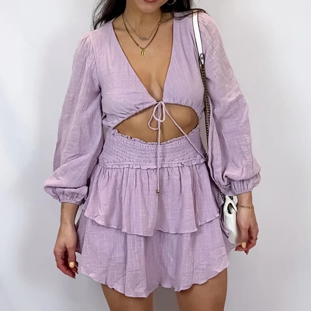 Lilac Tiered Cutout‎ Mini Dress with Long Sleeves